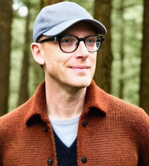A man wearing glasses, a baseball cap, and a brown sweater standing in a forest.